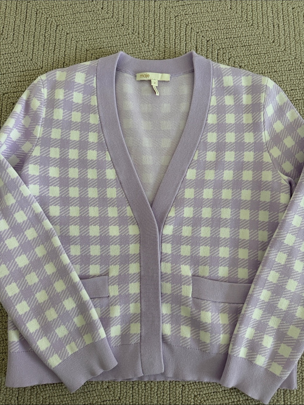 Maje Lilac and Cream Gingham V‑Neck Cardigan